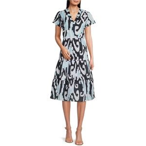 Jude Connally Eliza Dress Grand Ikat Sky Tiered Midi Dress Women’s Size medium